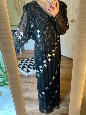 Vintage Black Beaded V-Neck Evening Dress 100% Silk